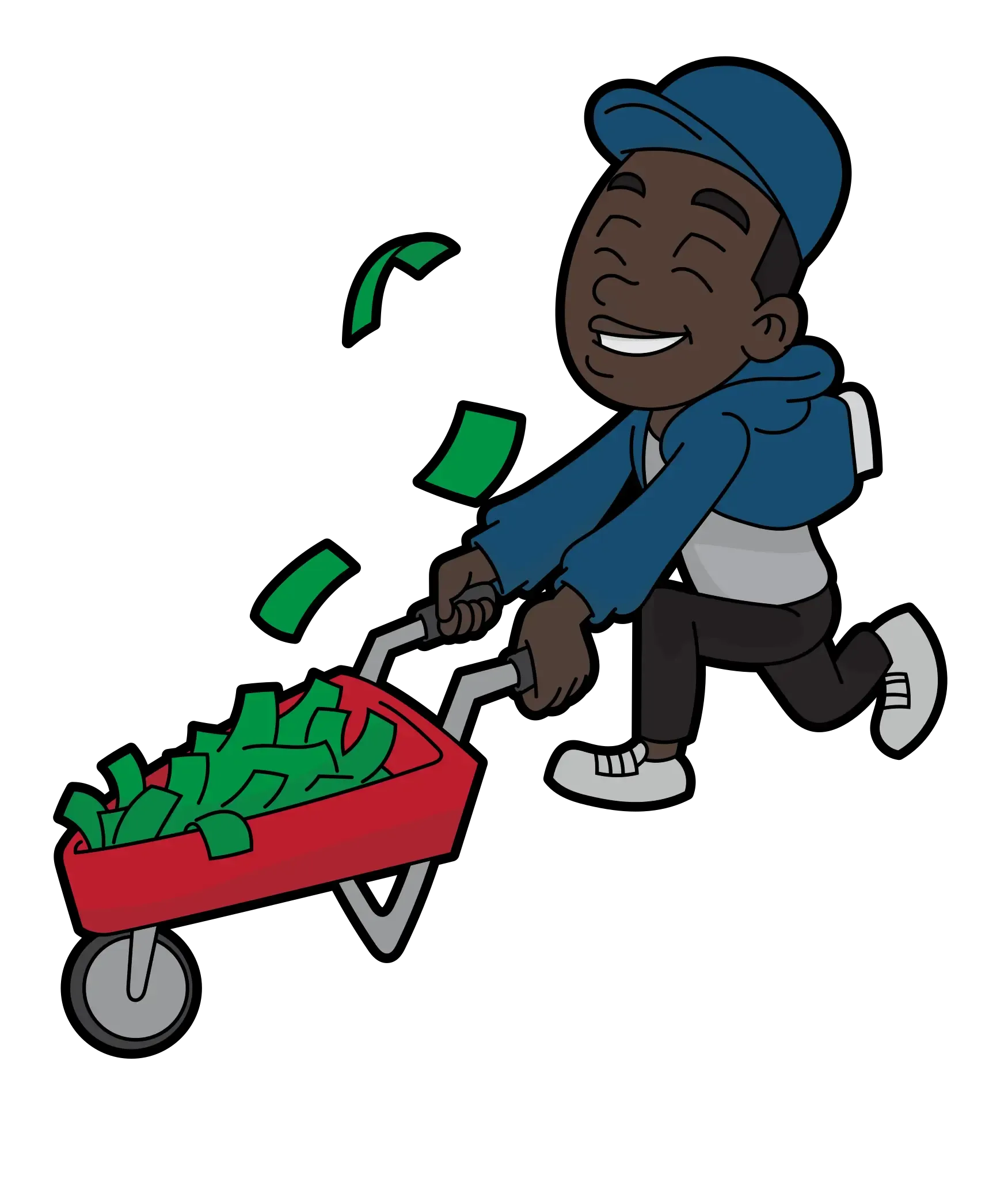 picture of a black animated character with a wheel barrel of money from earning crypto rewards